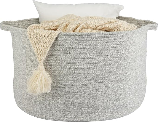 XUANGUO Extra Large Cotton Rope Basket – 22"x14" Woven Storage Baskets for Blankets, Toys, Laundry, and Nursery – Round Basket for Living Room, Kids, and Pets Grey