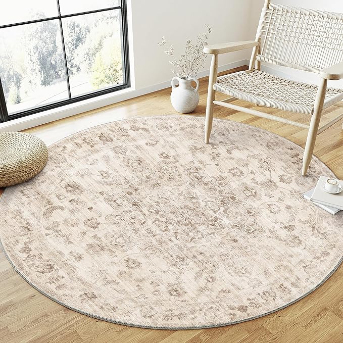5x5 Washable Neutral Round Rug Beige Vintage Entryway Kitchen Cirlce Rug Non-Slip Soft Low Pile Farmhouse Indoor Carpet for Entrance Bathroom Dining Room