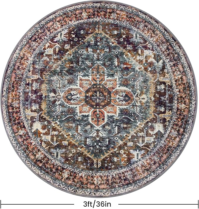 KOZYFLY Boho Round Rug 3 Ft Rugs for Entryway Washable Circle Rug Non Slip Doormat Printed Faux Wool Vintage Round Entryway Rug Floor Carpet Round for Entrance, Bedroom, Brick Red/Orange/Green