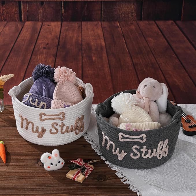 JUPPE Pet Storage Basket with Rope Handles, Cotton Woven Dog Toy Bin, Black with 'My Stuff' Text, Decorative Organization, Dog Toy Organizer (Black grey dog basket)