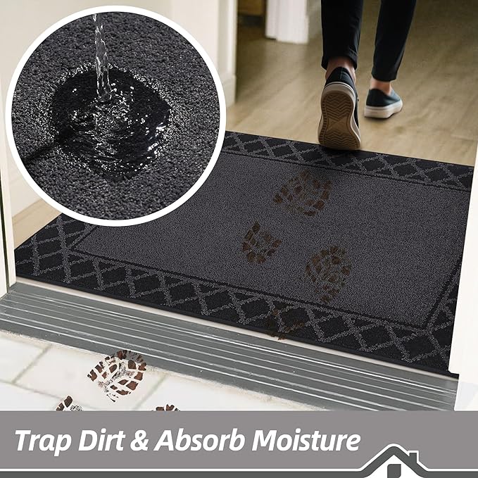 BEQHAUSE Door Mat Dirt Trapper Non Slip Entryway Rugs Absorbent Welcome Mat Low Profile Washable Front Door Mat for Muddy Paws,Entrance,Hallway, 24" x 36",Black