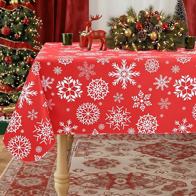 misaya Rectangle Waterproof Vinyl Table Cloth, Wipeable Tablecloth with Flannel Backing, Plastic Table Cover for Dinner, Christmas Party (Red Snowflake, 60" x 102")