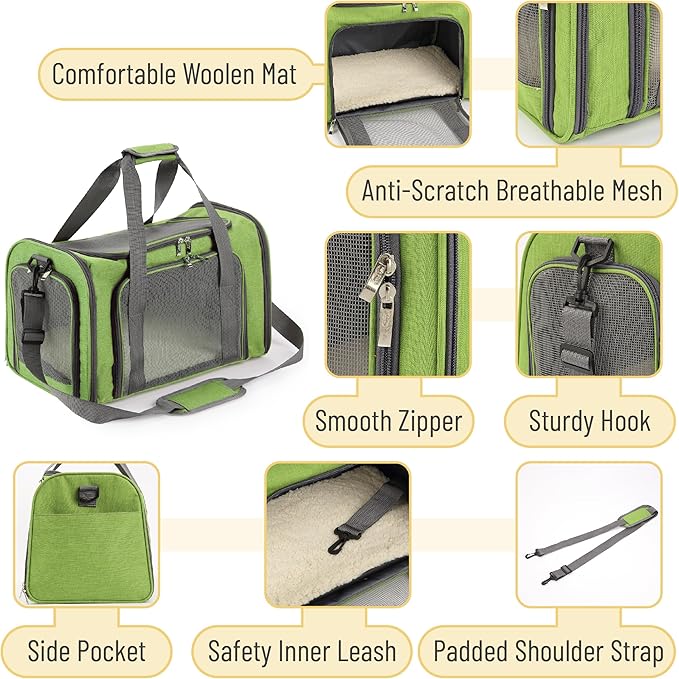 Mr. Pen- Pet Carrier, 17.5" x 11.2" x 11.5", Medium Size, Green, Portable Travel Carrier for Small Pets, Cats & Small Dogs, Breathable Mesh, Safety Inner Leash, Side Pocket & Padded Shoulder Strap