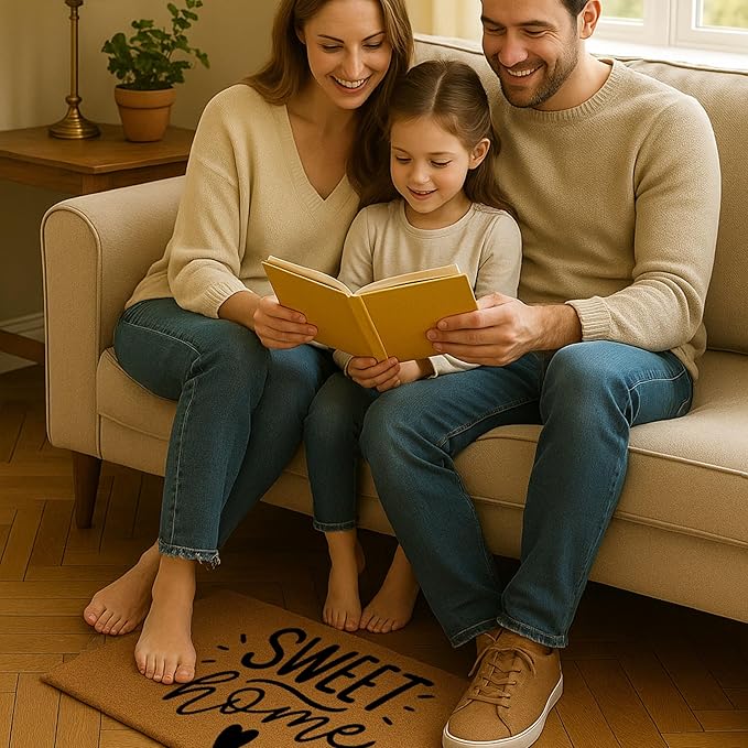 COCONIQ Coir Door Mats 17" X 30", Non-Slip Sturdy, PVC Backed Heavy Duty, Easy to Clean, Ideal for Door Entrance, Patio, Porch, Backyard, Garages, Sweet Home with Hearts