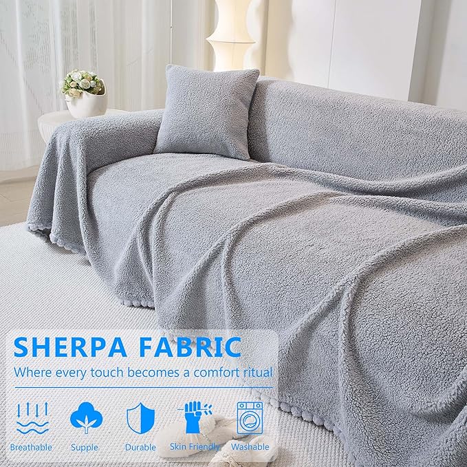 Sherpa Fleece Couch Cover for 3 Cushion Sofa, Grey, 71" x 134" - Pet Proof Sofa Covers Heavy Duty Scratch Resistant Pet Friendly Furniture Cover - Easy Install, Machine Washable