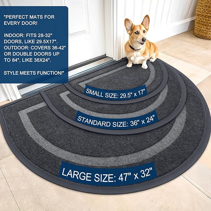 OLANLY Half Circle Door Mat Indoor Outdoor Entrance Welcome, Waterproof All-Season, All-Weather Doormat, Sturdy Natural Rubber, Low Profile, Easy Clean Patio Porch Entryway Mat, 35x23, Grey