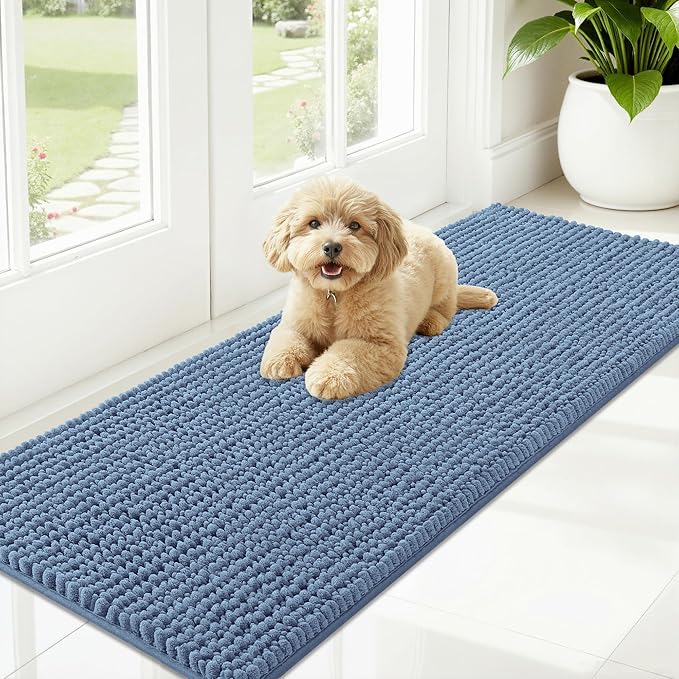 OLANLY Dog Door Mat for Muddy Paws 59x20, Ultra Absorbent Chenille Mud Doormat, Non-Slip Washable and Dirt Trapping Doormat for Indoor Entryway, Quick-Dry Indoor Pet Bed Mats for Dogs, Airy Blue