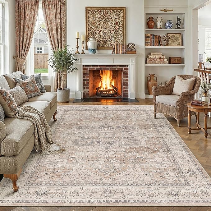 9x12 Washable Vintage Area Rug Coral Oriental Living Room Bedroom Throw Rug Neutral Non Slip Soft Low Pile Carpet for Dining Room Office Nursery Indoor