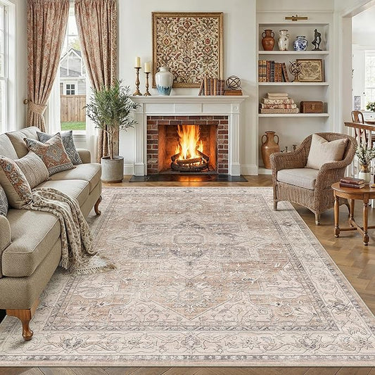 9x12 Washable Vintage Area Rug Coral Oriental Living Room Bedroom Throw Rug Neutral Non Slip Soft Low Pile Carpet for Dining Room Office Nursery Indoor