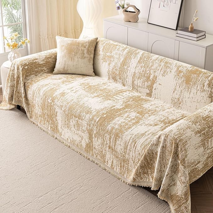 hyha Couch Cover for Dogs, Boho Sofa Covers for 3 Cushion Couch Washable, Chenille Sofa Slipcover for Pets, Soft Loveseat Sectional Couch Throw Blankets with Tassels (Khaki/White, 71x150 Inch)