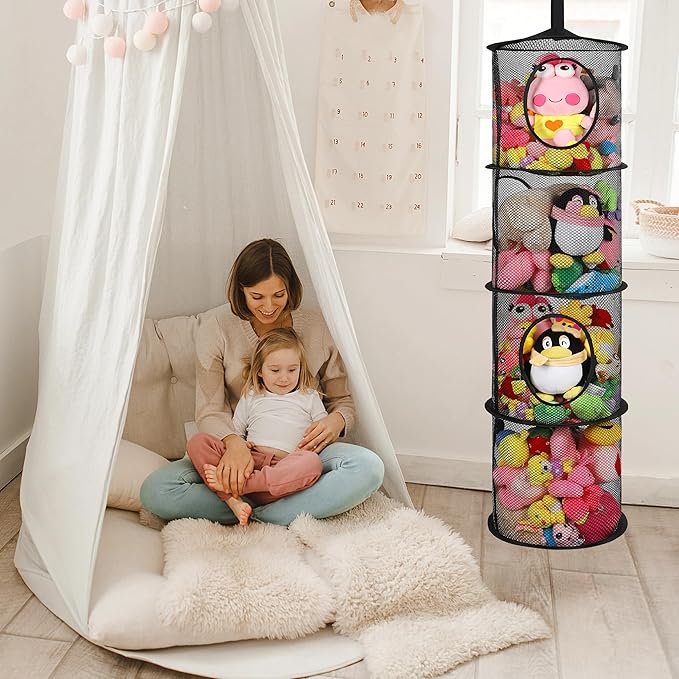 2Pcs Stuffed Animal Storage Organizer Foldable Stuffed Animal Net or Hammock Organizer, 4 Compartments Hanging Mesh Toy Storage Hammock for Kid Room Toys, Gloves, Hats, Socks(Black)