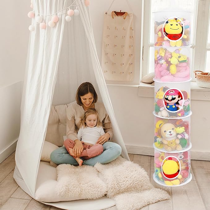 3Pcs Stuffed Animal Storage Foldable hanging net for stuffed animals or Hammock Organizer, 5 Compartments kids toy storage organizer, toy organizer for Kid Room Toys, Gloves, Hats, Socks(White)