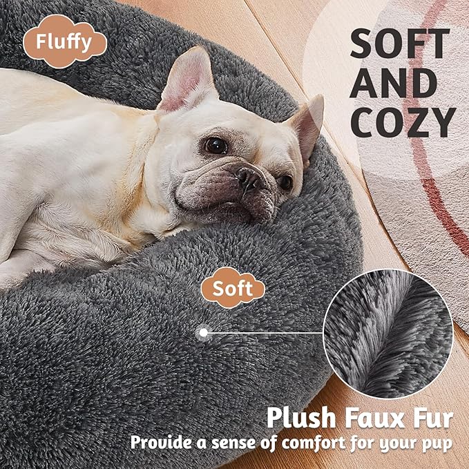OhGeni Calming Donut Dog Bed Pillow for Medium Pets, Machine Washable Removable Cover, Comfort Plush Fluffy Faux Fur with Anti-Slip Bottom, Cats-Friendly Round Cuddly Design, Gray, 30 inches