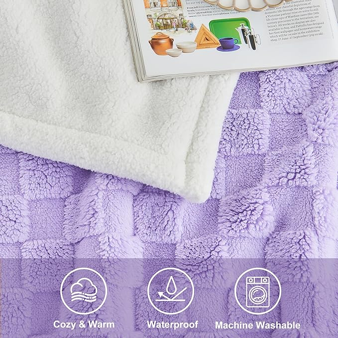 Yaning Checkered Waterproof Blanket for Bed Couch Sofa Car, Fluffy Soft Dog Blanket with 3D Jacquard Grid Pattern, Reversible Leakproof Pet Blankets for Dogs Cats Puppies, Lilac, 60"x80"