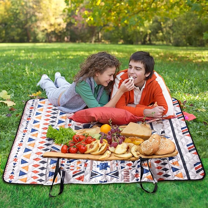 Outdoor Packable Picnic Blanket with Zipper Folds into Tote Bag with Large Storage and Shoulder Strap, Waterproof Sandproof for Lawn Beach Hiking Camping (colorful2, Large)