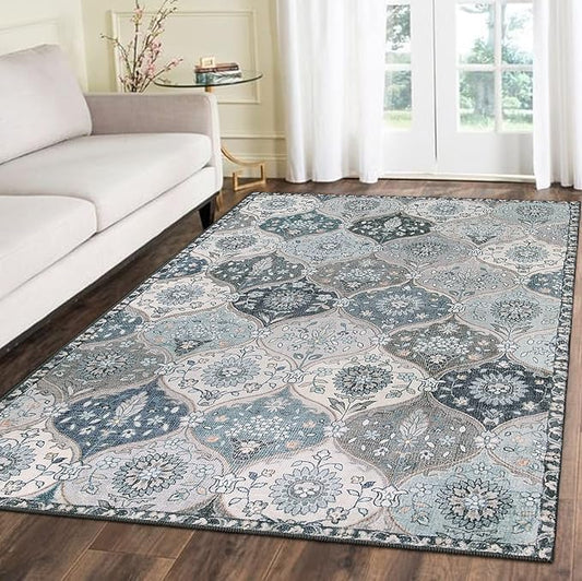 Lahome Moroccan Trellis Washable Area Rug, 5x7 Rugs for Living Room Bedroom, Indoor Non-Slip Oriental Accent Throw Large Carpet for Kitchen Entryway Bathroom Office Elise, Blue