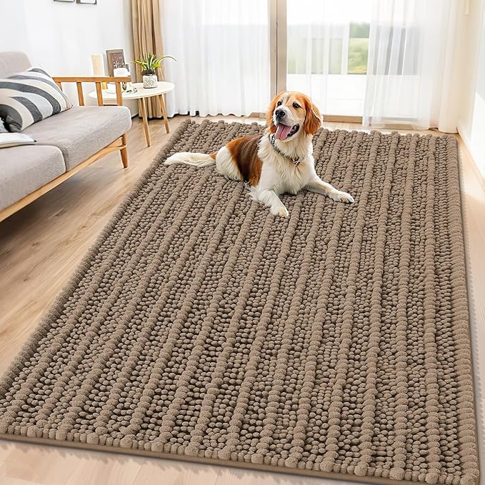 Smiry Dog Door Mat for Muddy Paws 71x46, Extra Soft Absorbent Chenille Doormat, Trap Moisture and Dirt, Non-Slip Machine Washable Front Door Mat for Indoor Entrance Inside Floor, Camel