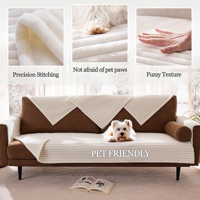 Meider Dual Non-Slip Couch Cover for Dogs Waterproof, Fuzzy Soft Pet Couch Covers for Sofa 3 Cushion, Pet Friendly Soft Dog Bed Covers Sofa Cover Washable (White, 33" x 85" 1 Pack)