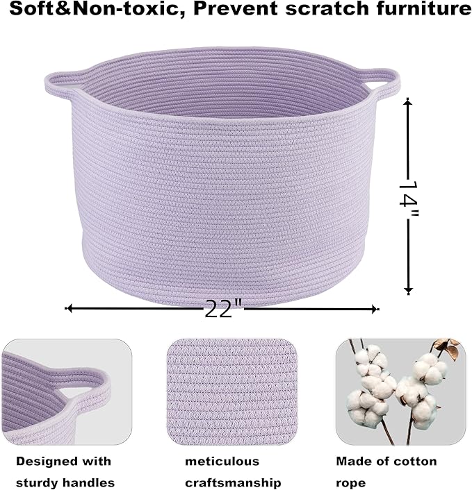 XUANGUO Extra Large Cotton Rope Basket Blankets Basket Living Room 22"x14" Toy Basket for Kids Storage Basket for Nursery Woven Laundry Basket for Clothes Baby Toy Storage round purple or Lavendor