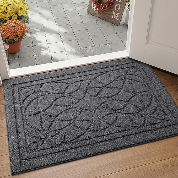 DEXI Front Entryway Door Mat Non Slip 24x36, Washable Inside Entry Way Mats Low Profile Entrance, Welcome Dirt Trapper Doormat Thin for House Floor Home Porter Hall Backdoor Area, Dark Grey