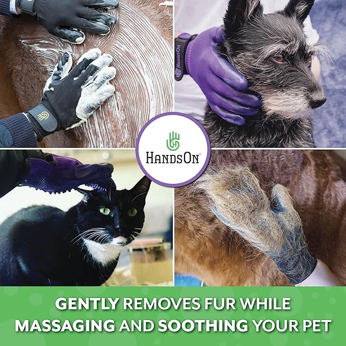 HandsOn Pet Grooming Gloves - #1 Ranked, Award Winning Shedding, Bathing, & Hair Remover Gloves for Cats, Dogs, and Horses (Green / Black, Large)