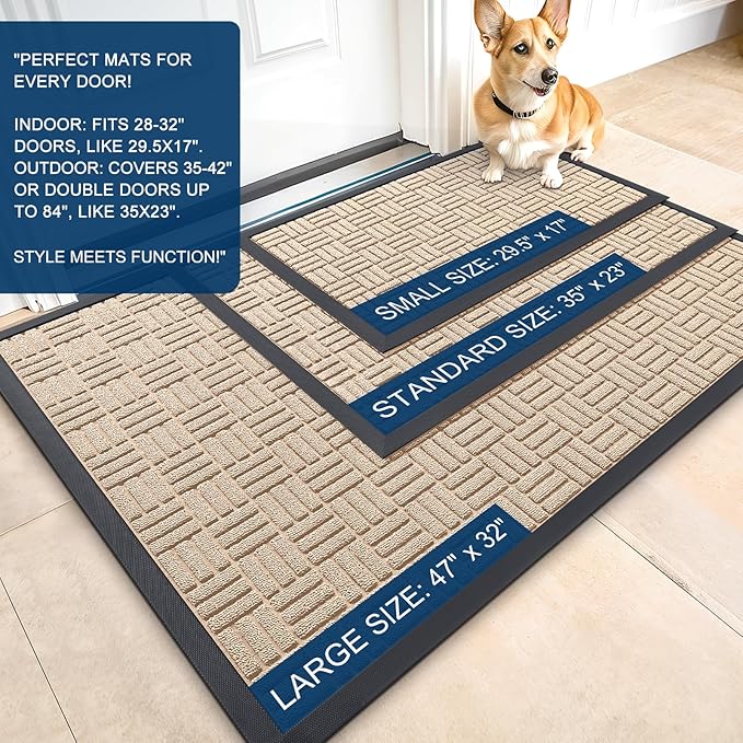 OLANLY Front Door Mat Outside Entrance 35x23, Absorbent, Heavy Duty Sturdy Natural Rubber Doormat Indoor Outdoor, Non-Slip, Stain and Fade Resistant, Low Profile Floor Mat for Entryway, Latte White