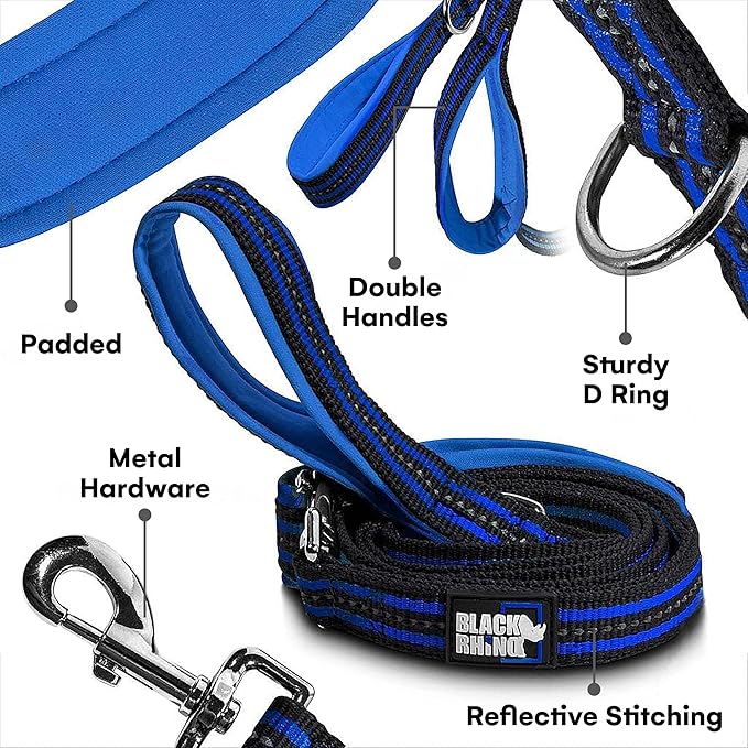 Black Rhino Heavy Duty Dog Leash for Medium and Large Dogs - 5 ft Long Double Handle Dog Leash with Padded Traffic Control Handles - Reflective, Durable, and Weather Resistant (Blue and Gray)