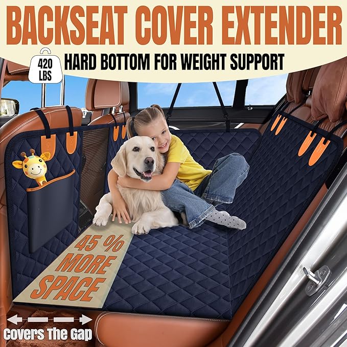 Back Seat Extender for Dogs, Hard Bottom Car Seat Cover for Dogs. Hammock Style, Large Space, Holds 420lbs, Sturdy, Waterproof for Car, SUV, Truck (Black)