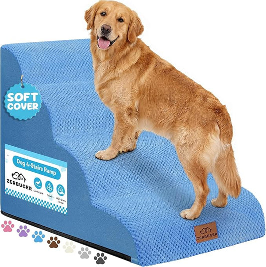 Zerbuger Dog Ramp and Stair for Bed 16" H-20 H,3-Step Cat Stair for Sofa and Chair,4-Step Dog Ramp for High Bed and Window,Durable Nonslip Fabric Cover for Indoor (Blue-20“H, Pet Friendly, 4)