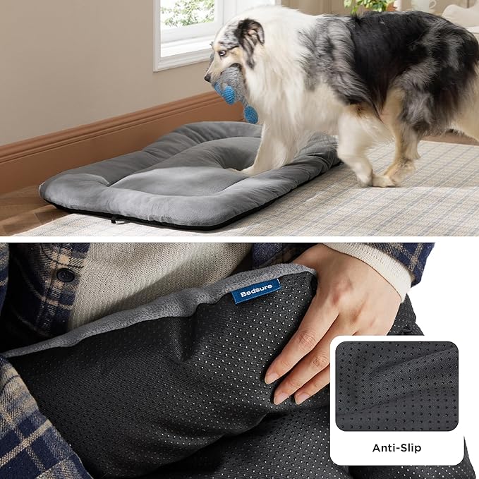 Bedsure Washable Dog Crate Pad for Large Dogs, Anti-Slip Puppy Kennel Dog Bed for Crate - Ultra Soft Fleece Flat Thin Pet Mat (Not Chew Proof), Light Grey 35"x22"