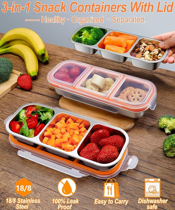 KTKUDY Stainless Steel Snack Container for Kids & Adults - Leak-Proof 3-Compartment Stackable Snack Lunch Box for Daycare, School, Work & Travel