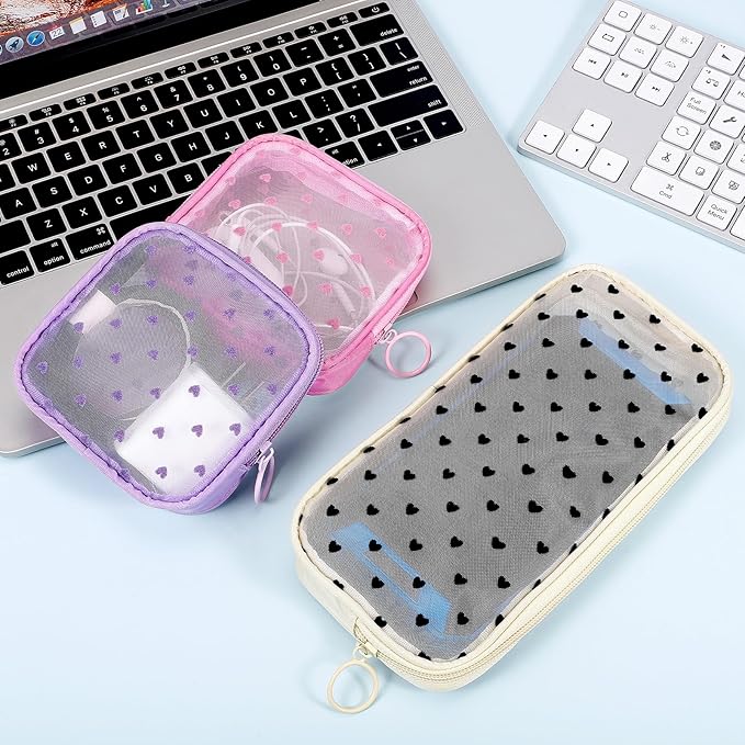 4 Pieces Mini Zipper Nylon Mesh Pouch, Mesh Cosmetic Bags Makeup Bags, Multipurpose Travel Toiletry Bags for Office Supplies and Travel Accessories (Heart Print-Beige, S)