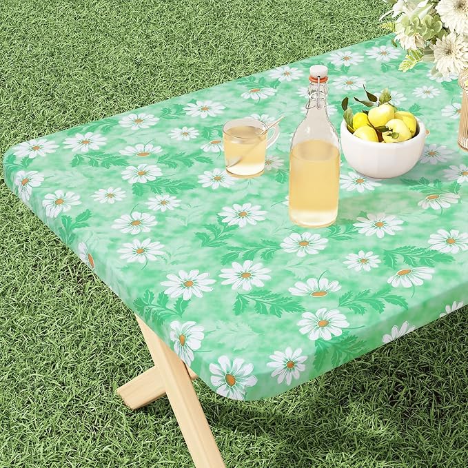 misaya Rectangle Vinyl Tablecloth, Fitted Table Cover, 100% Waterproof, Elastic Edge, Flannel Backing, Plastic Table Cloth Fit 4 Foot Folding Tables for Picnic, Outdoor (Green Daisy, 24x48 inch)