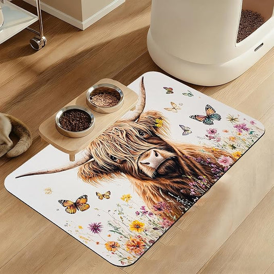 Highland Cow Butterfly Dog Food Mat–Christmas Stocking Absorbent Quick Dry Feeding Placemat for Food and Water Bowls, Non Slip Rubber Backing, Waterproof Pet Supplies for Mess-Free Eating 16"x24"