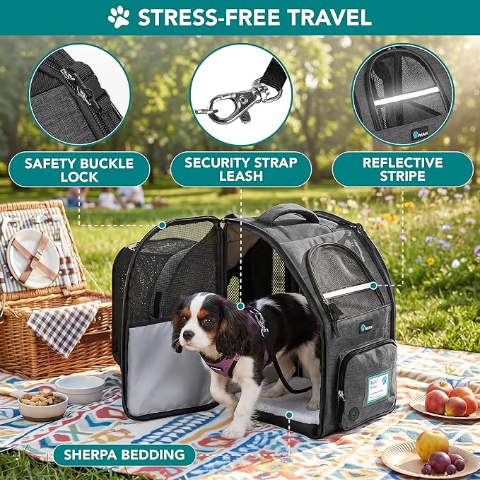 PetAmi Expandable Dog Backpack Carrier for Cats & Pets, Breathable Cat Carrier Backpack with Top Window & Multi-Entry, Ventilated Foldable Travel Carrier for Small Medium Pets up to 18 lbs, Dark Gray