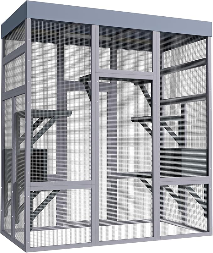 LOVMOR 62.6" Wooden Outdoor Catio for Cats, Large Cat Enclosure with Waterproof Roof, 2 Napping House, Platforms & Rust-Proof Wire – Secure Pet Cage for Backyard or Patio