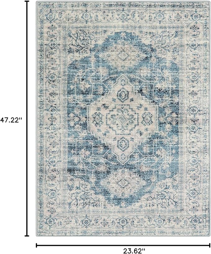 Lahome Oriental Small Area Rug, 2x4 Washable Entryway Rug Non-Slip Ultra-Thin Indoor Door Mat Distressed Throw Carpet for Kitchen Bedroom Eleanor, Blue