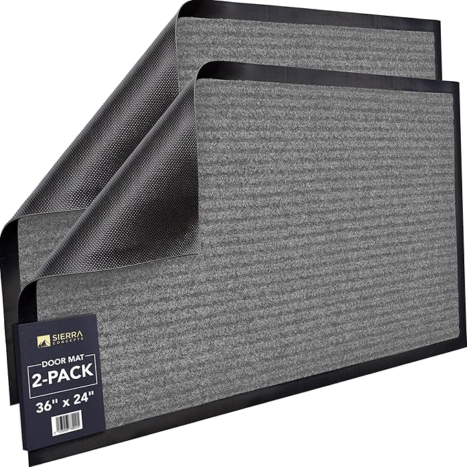 Sierra Concepts Front Door Mat Welcome Floor Mats - Entryway Indoor Outdoor Entrance Doormat, Patio, Porch, Muddy Shoe, Inside Outside Low Profile, Large 36x24 inches, 2-Pack Gray