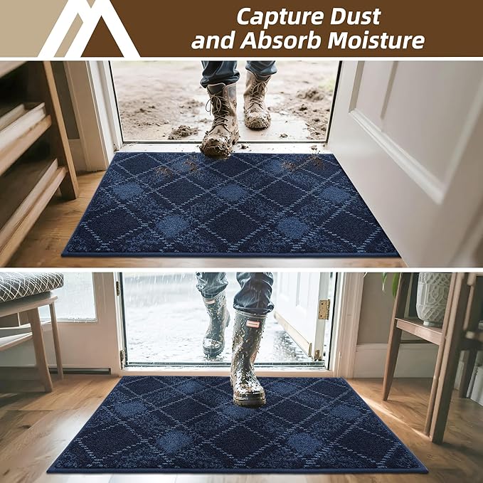 COSY HOMEER Plaid Door Mat 20" x 32",Dirt Trapper Entryway Rugs,Non-Slip Washable Farmhouse Doormat,Low Profile Welcome Mats for Paws Navy Blue