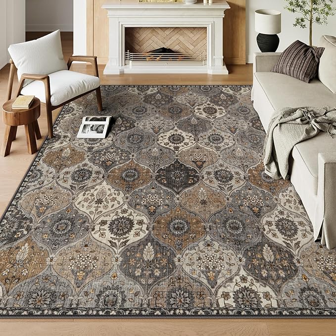 Lahome Moroccan Washable Area Rugs 8x10, Soft Vintage Oriental Rug for Living Room Bedroom Dining Room, Non Slip Low Pile Stain Resistant Rug for Kids Pets High Traffic Areas, Burnt Grey