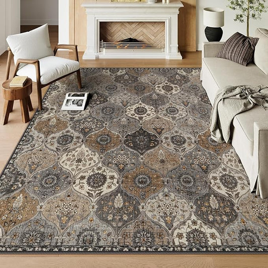 Lahome Moroccan Washable Area Rugs 8x10, Soft Vintage Oriental Rug for Living Room Bedroom Dining Room, Non Slip Low Pile Stain Resistant Rug for Kids Pets High Traffic Areas, Burnt Grey