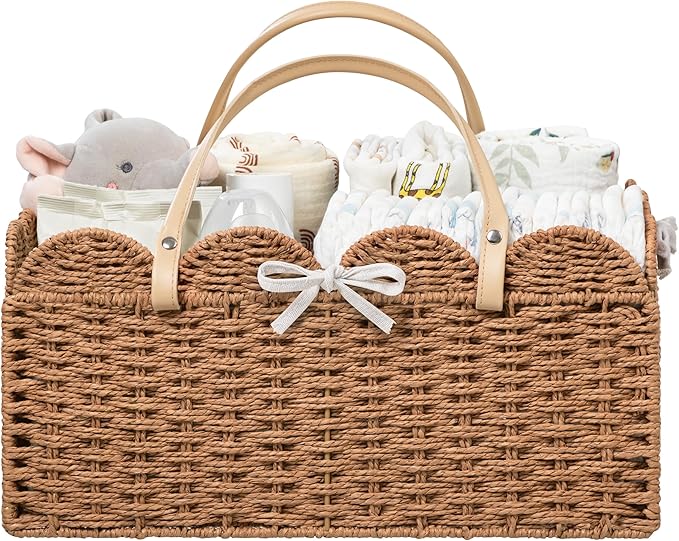 HBlife Baby Diaper Caddy, Paper Rope Storage Baskets Nursery Bin with Removable Divider, Portable Car Organizer for Diapers, Baby Shower Gifts, Newborn Essentials Must Haves