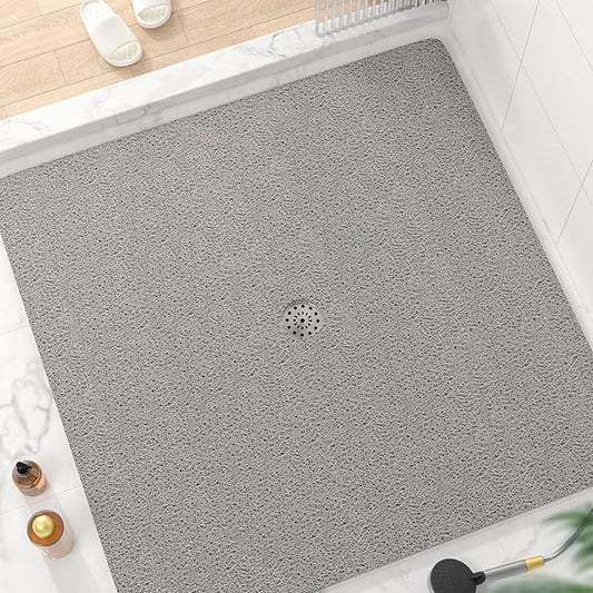 HITSLAM Square Shower Mat, 47 x 47 Inch Non Slip Bath Mat for Tub, Soft PVC Loofah Bathtub Mats with Drain Holes, Quick Drying Bathroom Stall Floor Mat, Bathroom Accessories Without Suction Cup, Grey