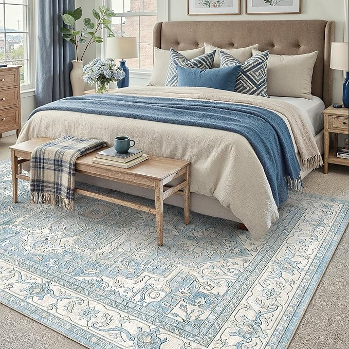 6x9 Washable Vintage Area Rug Blue Oriental Living Room Bedroom Throw Rug Neutral Non Slip Soft Low Pile Carpet for Dining Room Office Nursery Indoor
