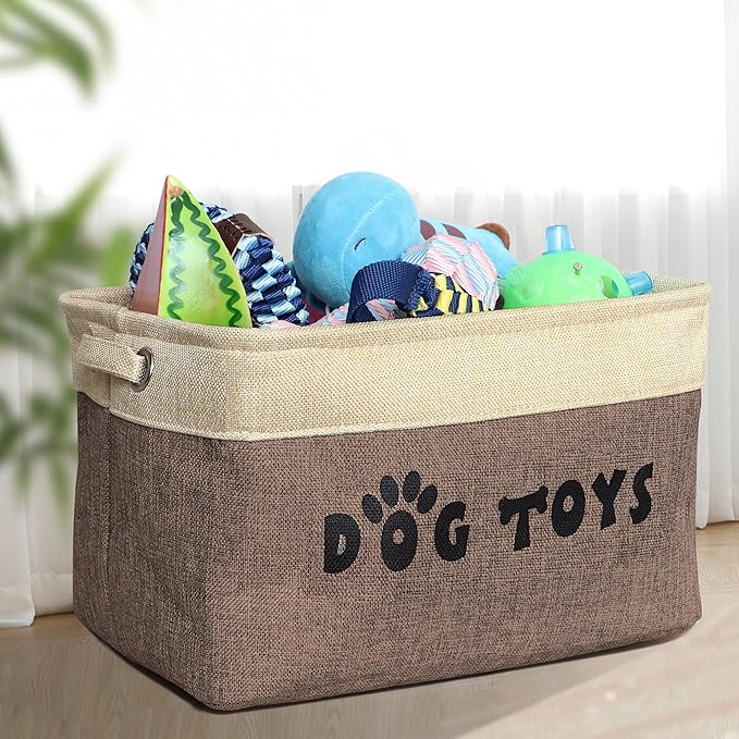 PET ARTIST Dog Toy Basket, Collapsible Dog Toy Bin Box, Large Pet Toy Storage Organizer with Comfortable Handles for Accessories, Toys, Coat & Clothing, Blanket & Leash, Brown-1, 15"x11"x9"