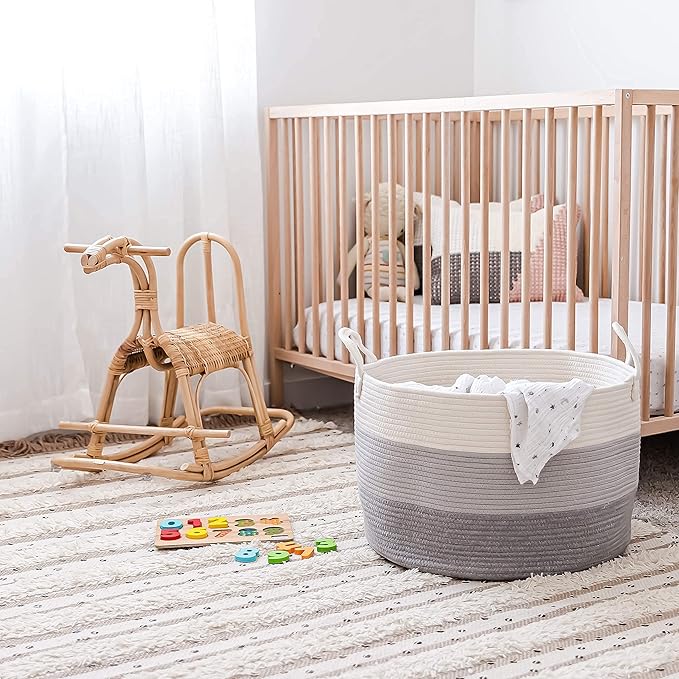 OrganiHaus Large Woven Storage Basket for Blankets and Toys 20" x 13" Inch, Rope Laundry Basket with Handles, Cushions & Pillows Storage Bin, Nursery Hamper, Soft Round Dog Toy Bin - Gray