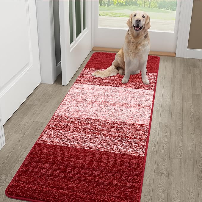 Kitinjoy Indoor Outdoor Door Mat, 59x20 Non-Slip Absorbent Dirt Trapper, Low-Profile Washable Inside Entrance Front Floor Mat, Sturdy Soft Entry Doormats for Entryway, Burgundy