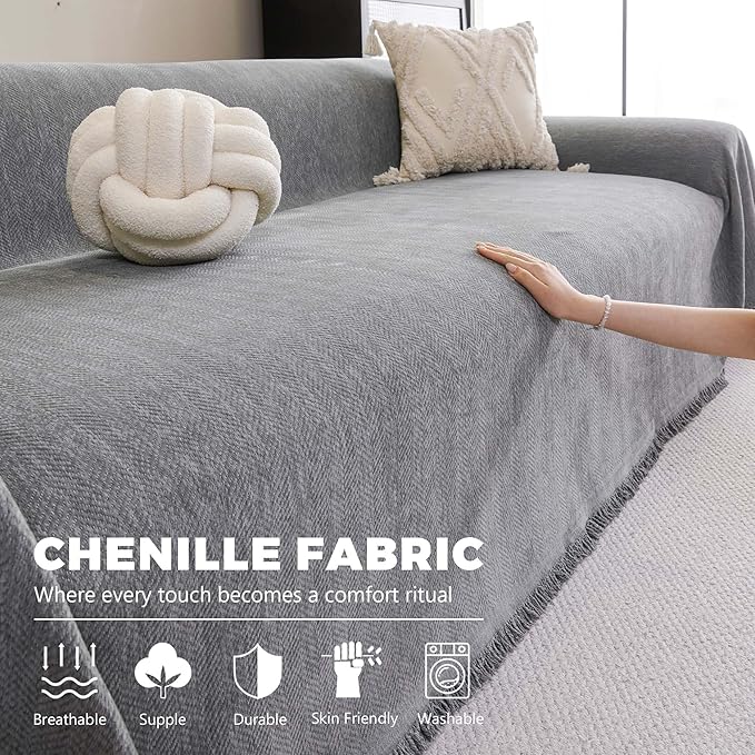 Chenille Couch Cover for Dogs - Sofa Covers for 2 Cushion Sofa Pet Friendly, Scratch Resistant & Non-Slip Furniture Cover Fits Love Seat, Beige, 71"x118", Grey