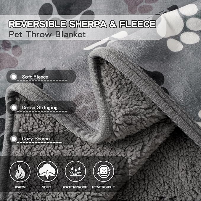 CAPT.SNOOZE Waterproof Dog Blankets Pet Blanket, 30"x40" Cat Blanket for Indoor Cats, Soft Fluffy Sofa Car Bed Protector, Reversible Sherpa Fleece Puppy Blanket for Small Medium Dogs (Dark Grey-Paws)