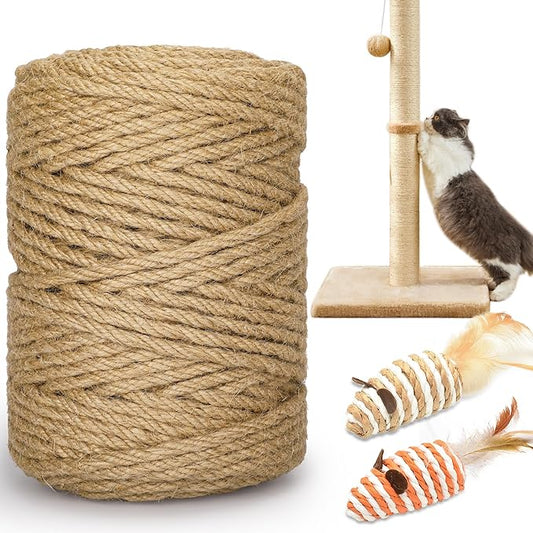 328FT/100M Cat Scratching Sisal Rope, 6mm Thick Natural Jute Rope for Scratch Posts, Cat Trees, DIY Projects, Sisal Rope for Scratcher with 2 Mouse Toys (Natural, 328ft)